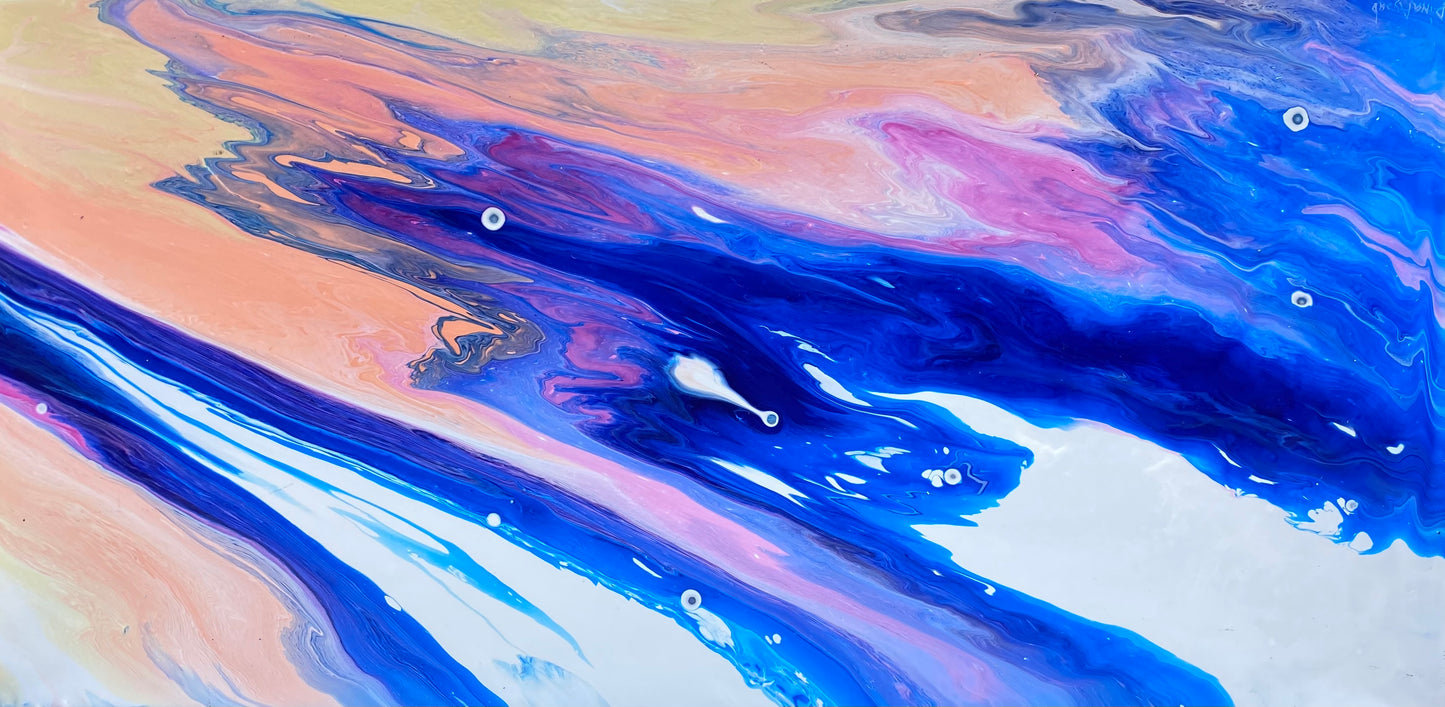 “Salmon Run,” Peach, and Blue Fluid Art Painting | Abstract Acrylic Artwork