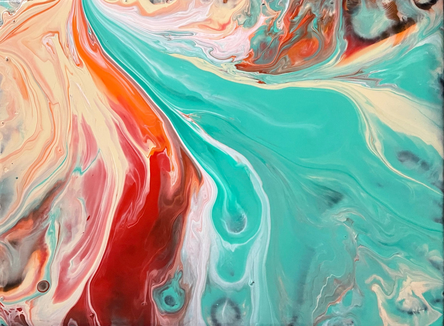 “New Lease,” Original Fluid Art Acrylic Painting in Peach and Aqua