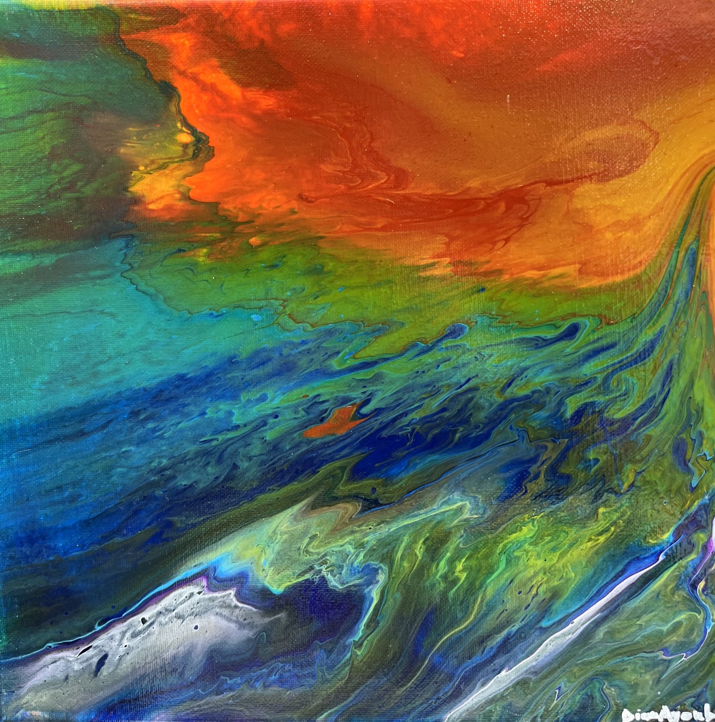 “Where we Meet,” Rainbow original acrylic pour painting