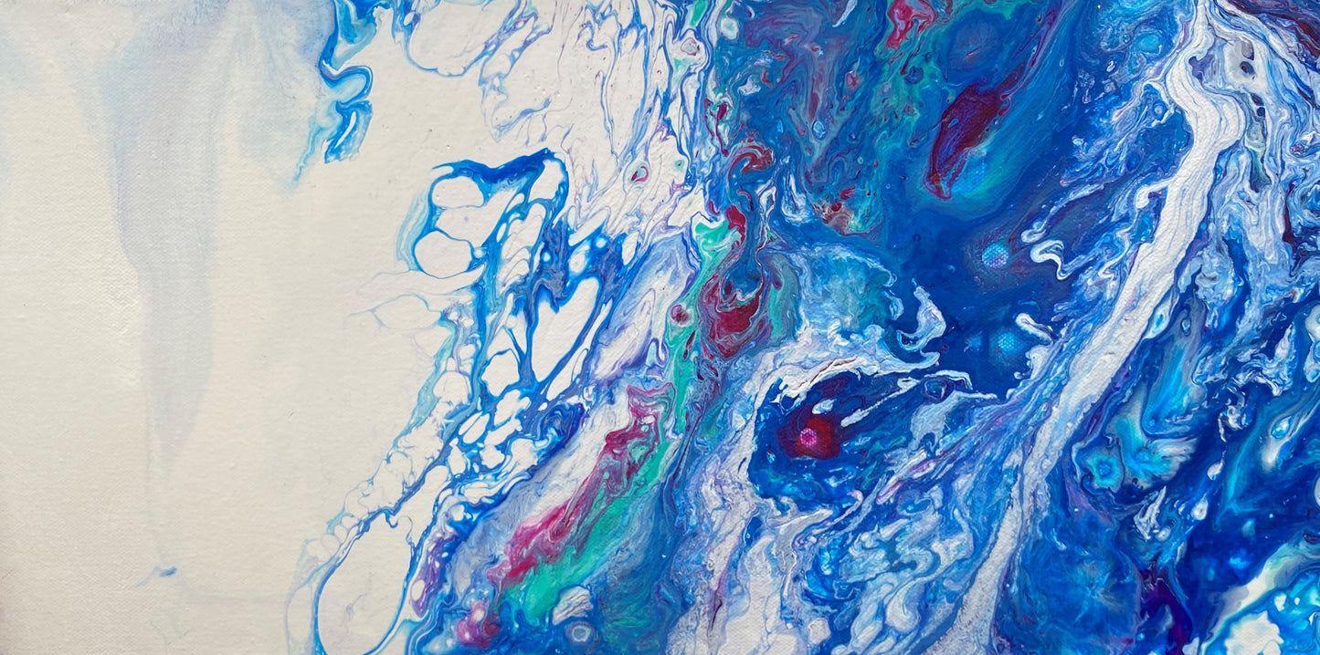 Ocean Wave Blue and White Original Fluid Art Triptych Paintings