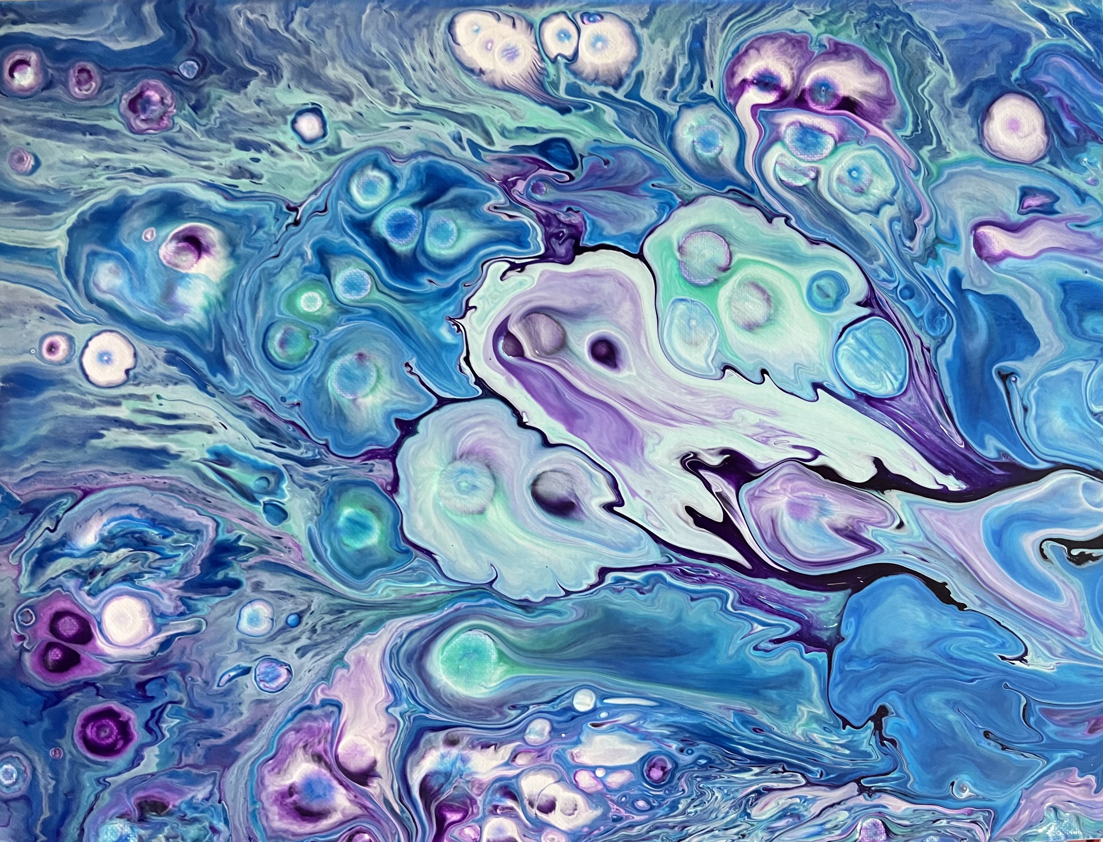 Blue and Purple Waves Abstract Original Acrylic Pour Painting, 9 x 12,  Fluid Art Painting