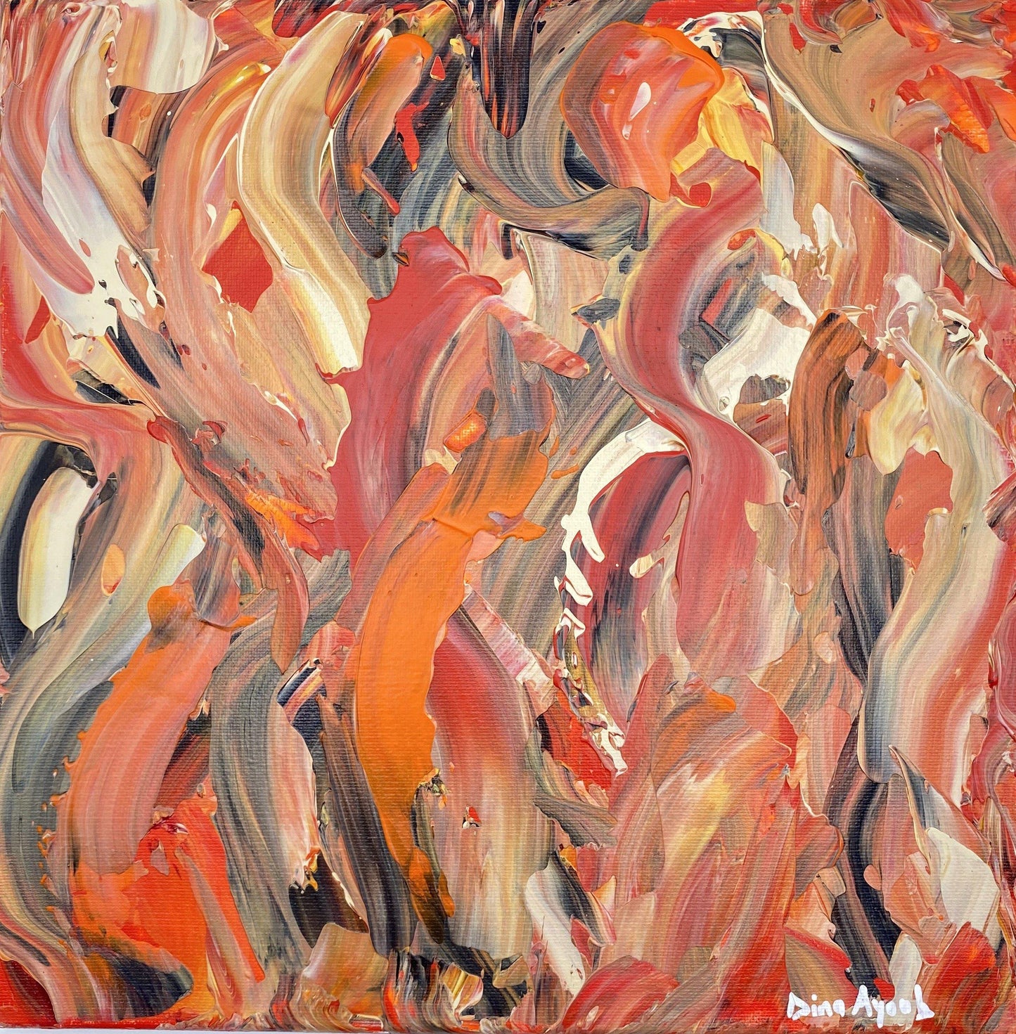 Abstract original acrylic painting in orange and red
