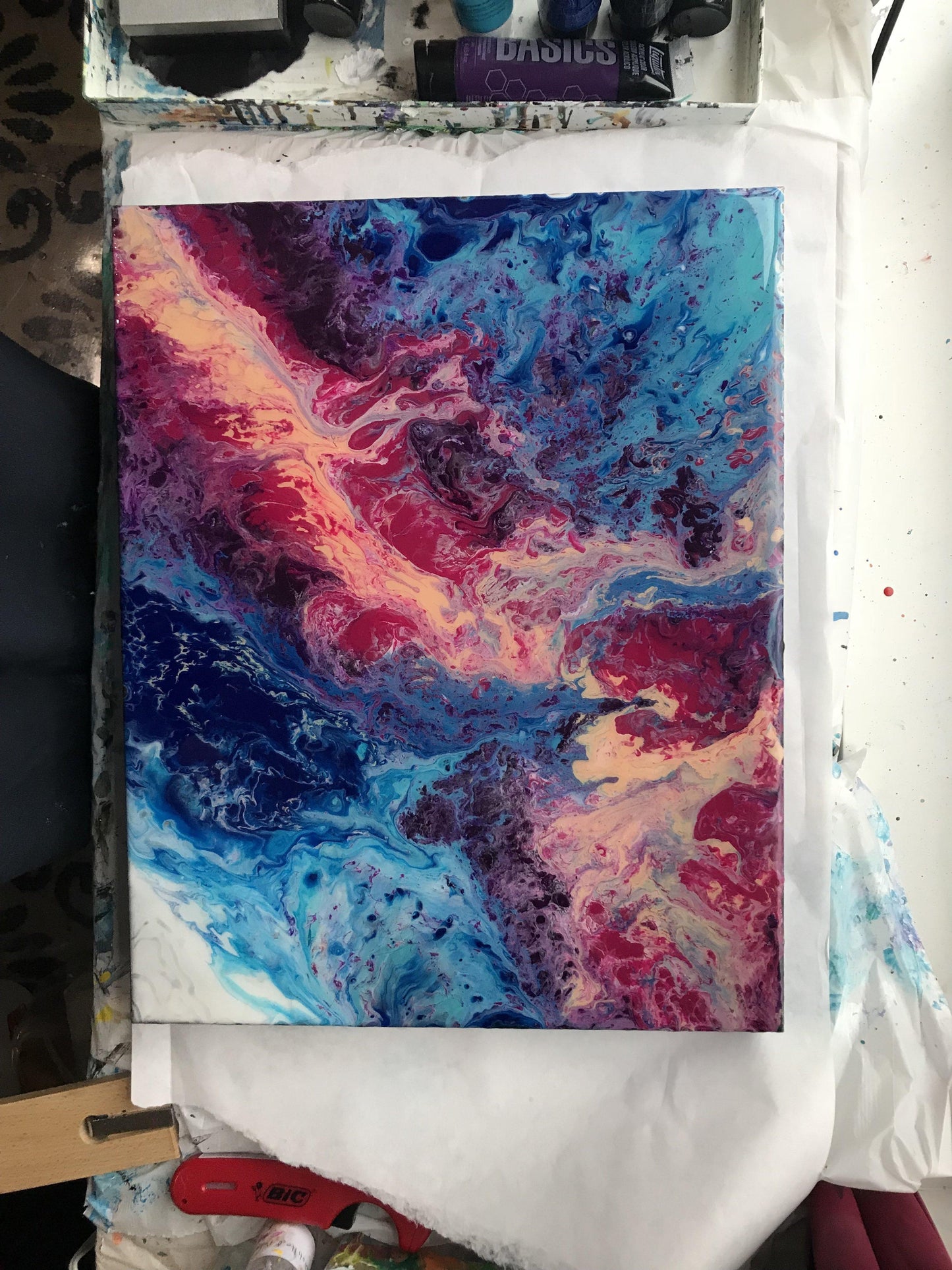 Fluid Art Original Acrylic Painting with Resin in Blue, Magenta and White. Glossy Brilliant Finish