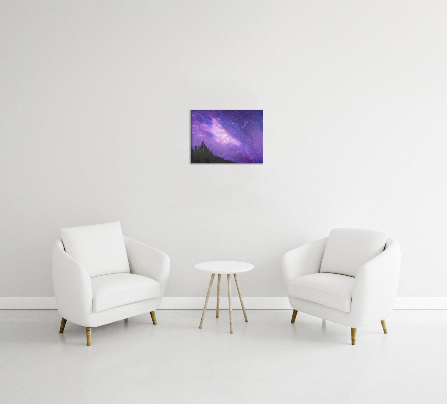 Original oil painting of fantasy landscape of stars and space with trees silhouette