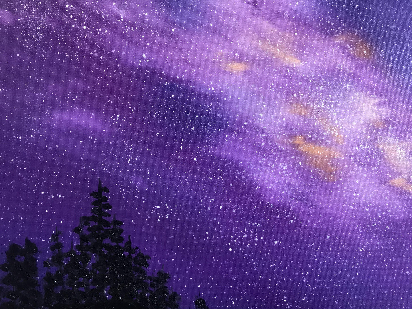 Original oil painting of fantasy landscape of stars and space with trees silhouette