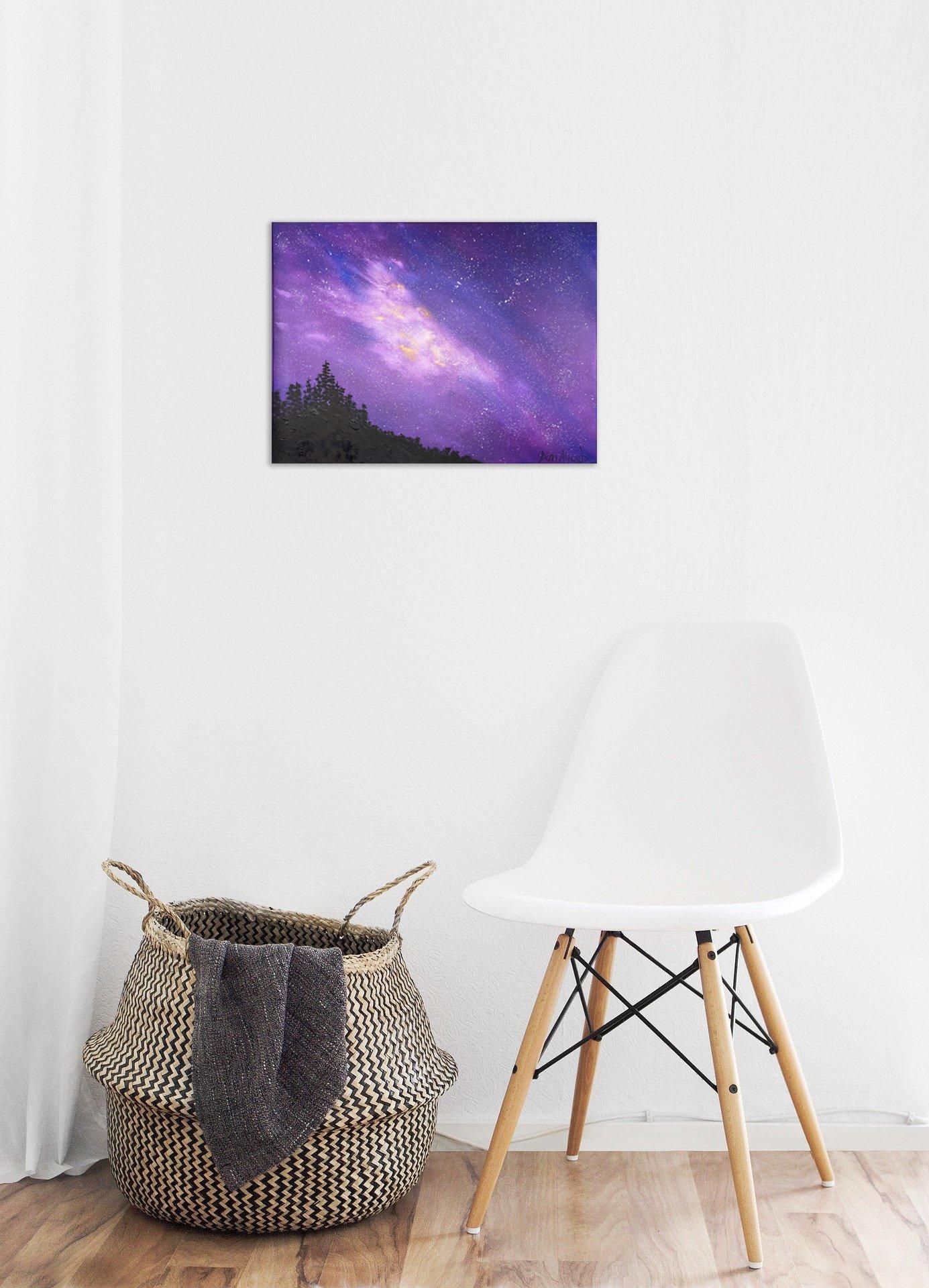 Original oil painting of fantasy landscape of stars and space with trees silhouette