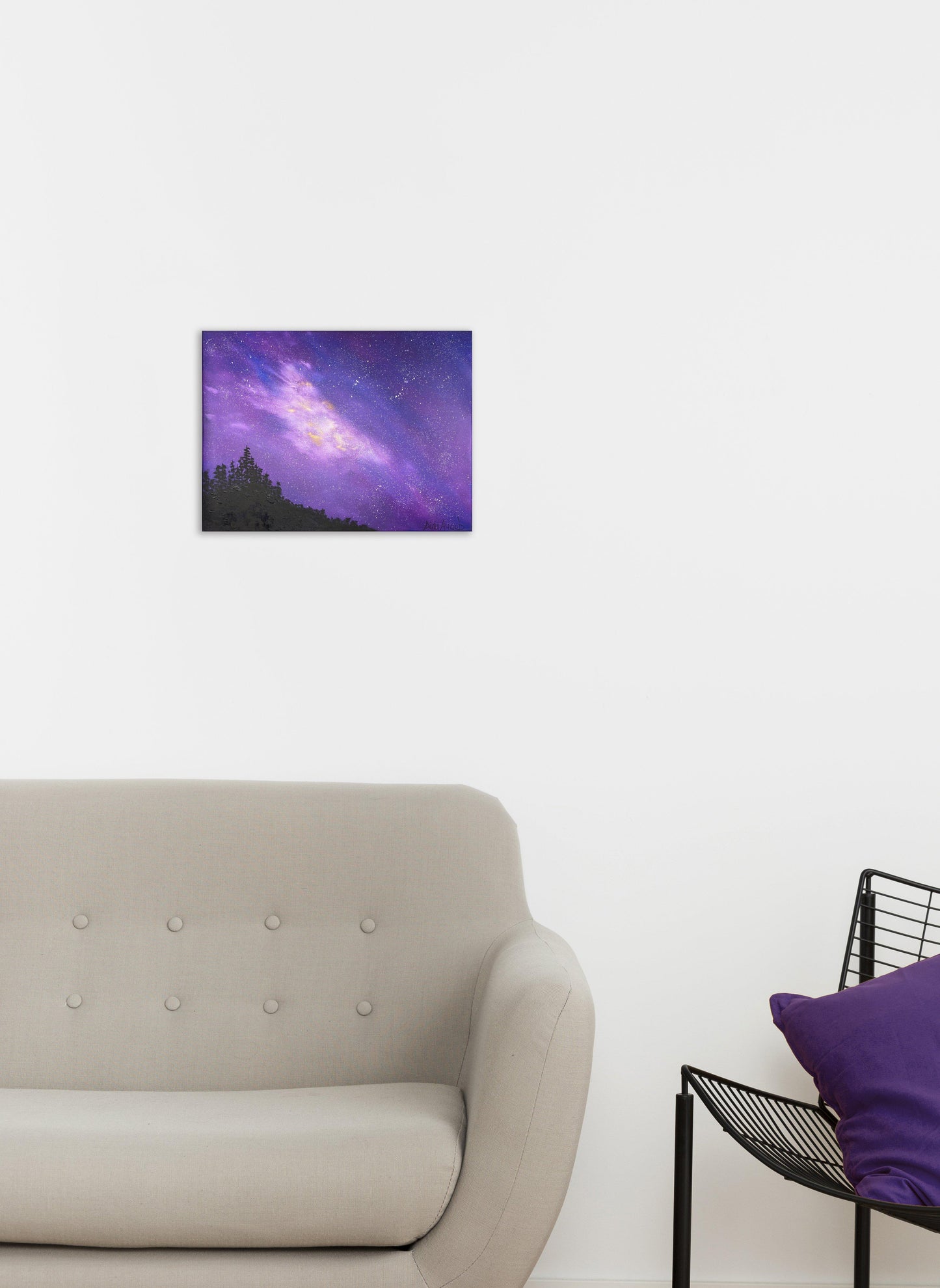 Original oil painting of fantasy landscape of stars and space with trees silhouette