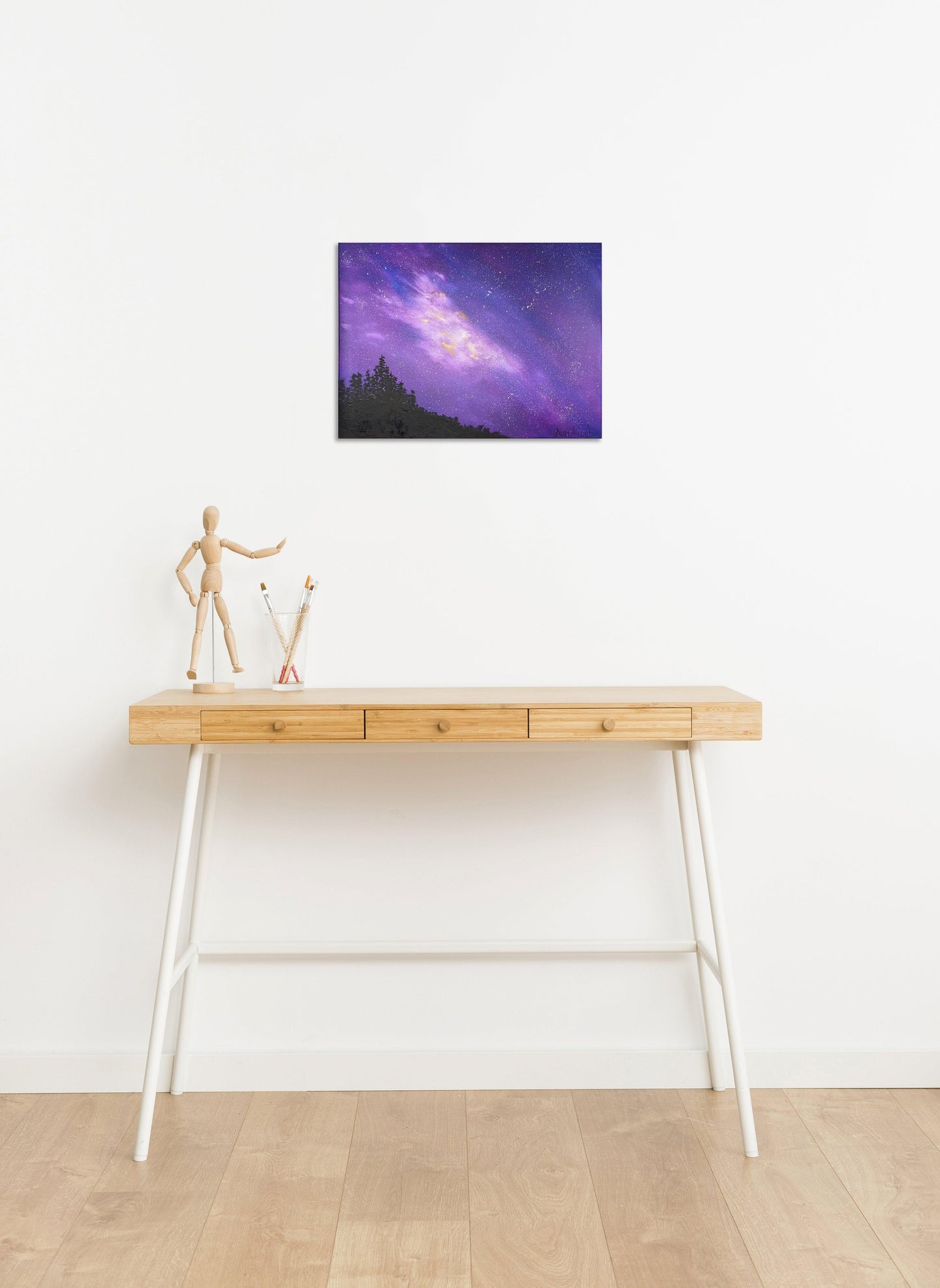 Original oil painting of fantasy landscape of stars and space with trees silhouette
