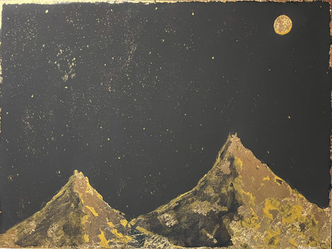 Golden night sky over mountains original acrylic painting