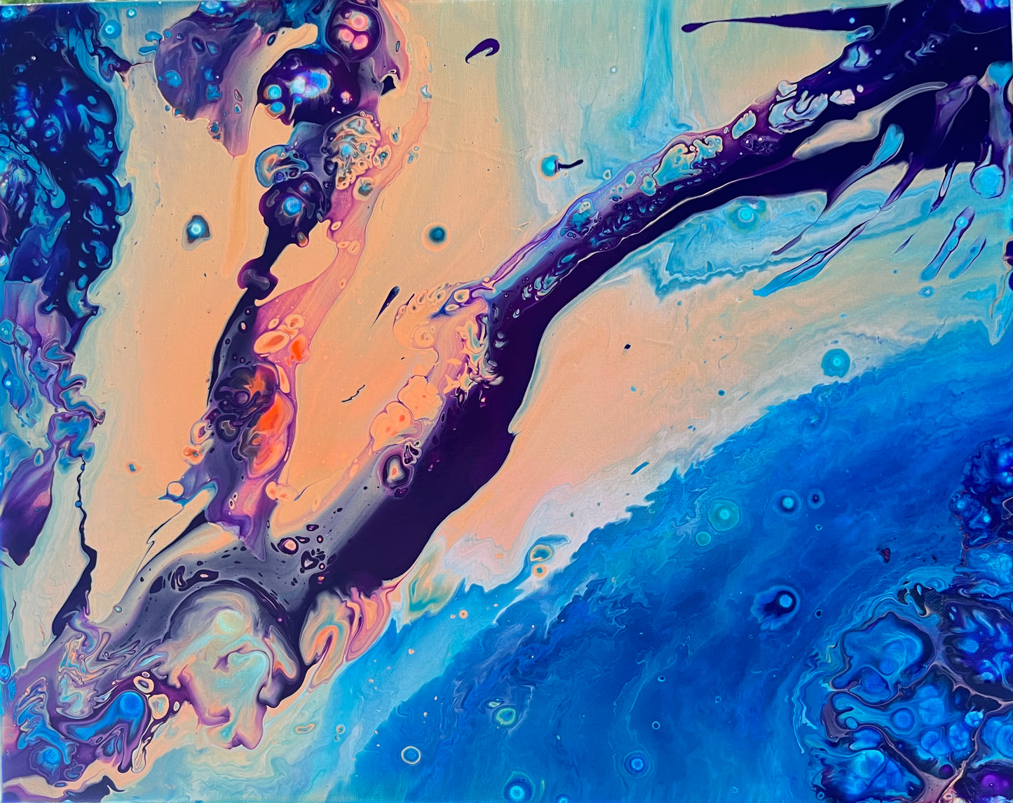“Burbling,” Abstract Fluid Art Acrylic Painting | Blue Purple Aqua Peach Salmon | 16" x 20" Gallery-Wrapped Canvas