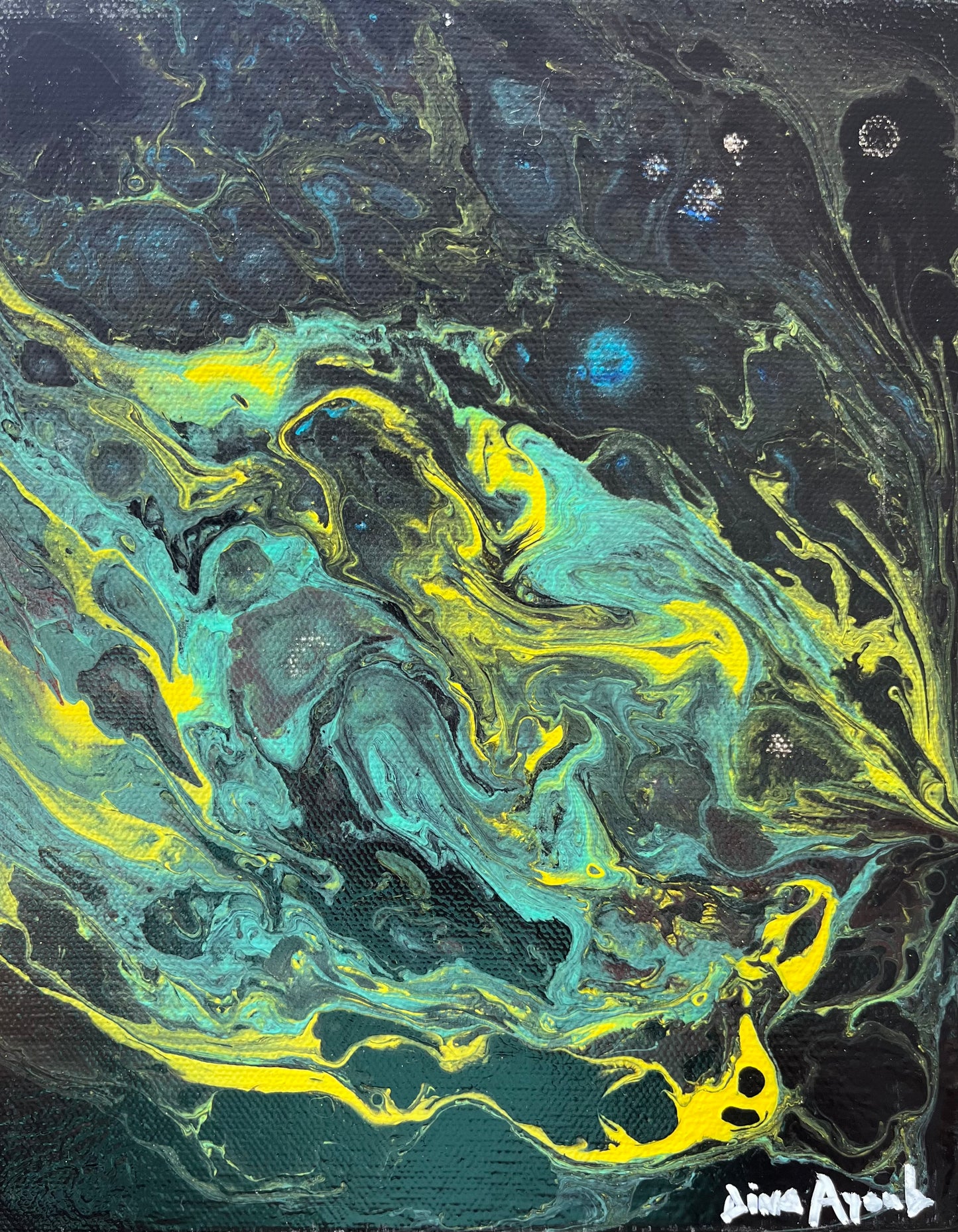 "Meteor," Original Abstract Fluid Art Painting in Black, Yellow and Green.