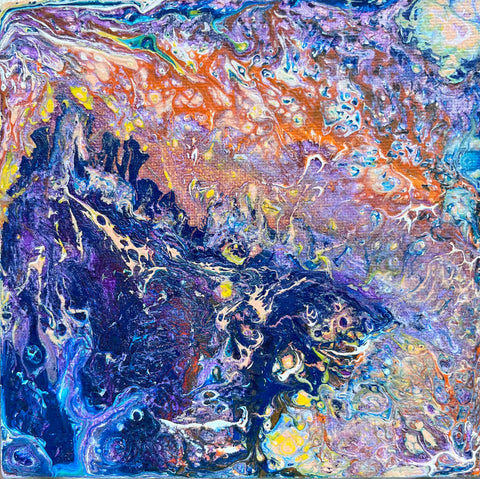 Mini Abstract Art Original Acrylic painting, 6" x 6" in Orange, Purple and Blue