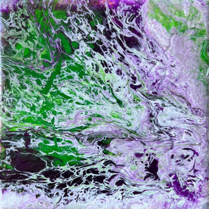 Mini Abstract Art Fluid Painting, 5" x 5" Original Flow Art in Purple & Green