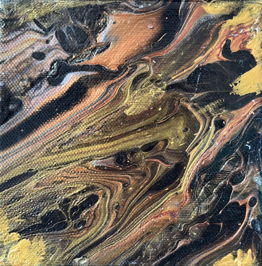 Mini Abstract Art Fluid Painting, 5" x 5" Original Flow Art in Black, Gold & Copper Metallic Colors