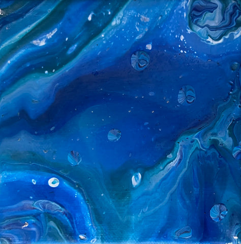 Mini Abstract Art Fluid Painting, 5" x 5" Original Flow Art in Blues