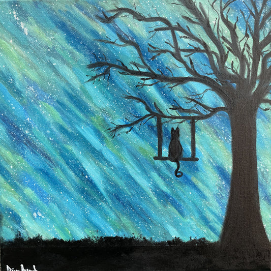 Cat on a swing original acrylic painting, fantasy landscape art