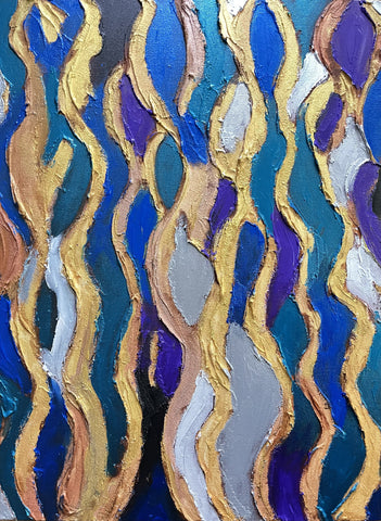 Textured abstract original acrylic painting, golden metallic streams