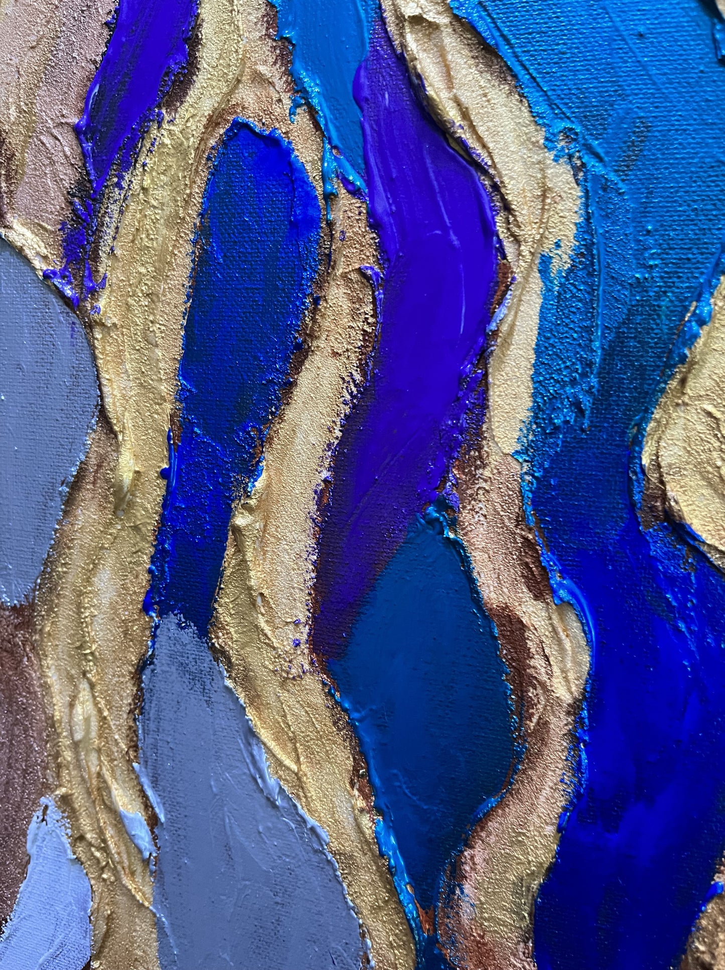 Textured abstract original acrylic painting, golden metallic streams
