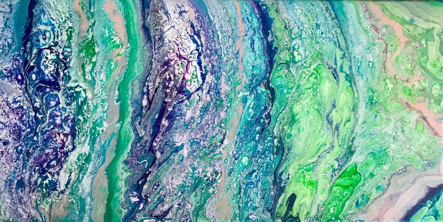 “Layers,” Green & Purple Original Fluid Art Acrylic Painting