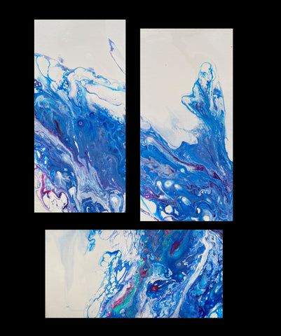 Ocean Wave Blue and White Original Fluid Art Triptych Paintings