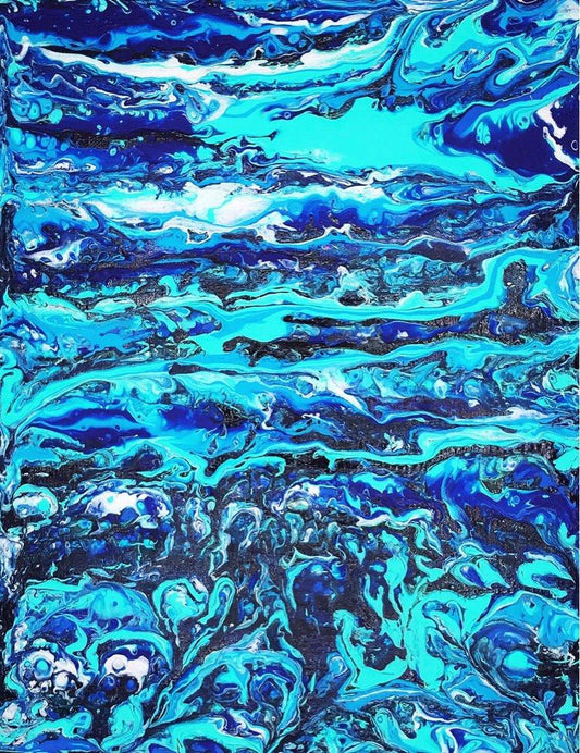 Original Acrylic Painting fluid art on canvas panel, acrylic pour, Blue stripe Framed