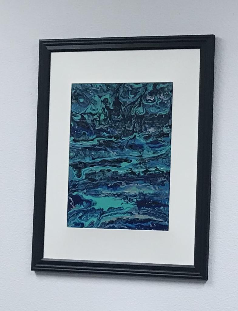 Original Acrylic Painting fluid art on canvas panel, acrylic pour, Blue stripe Framed