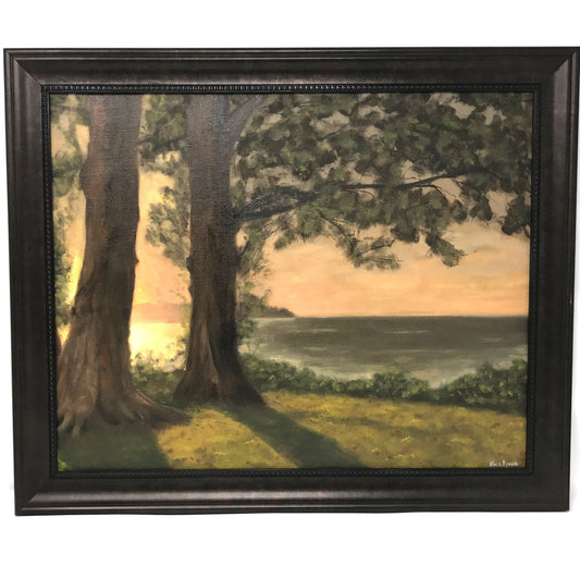 Peach Beach Original Oil Painting, Framed