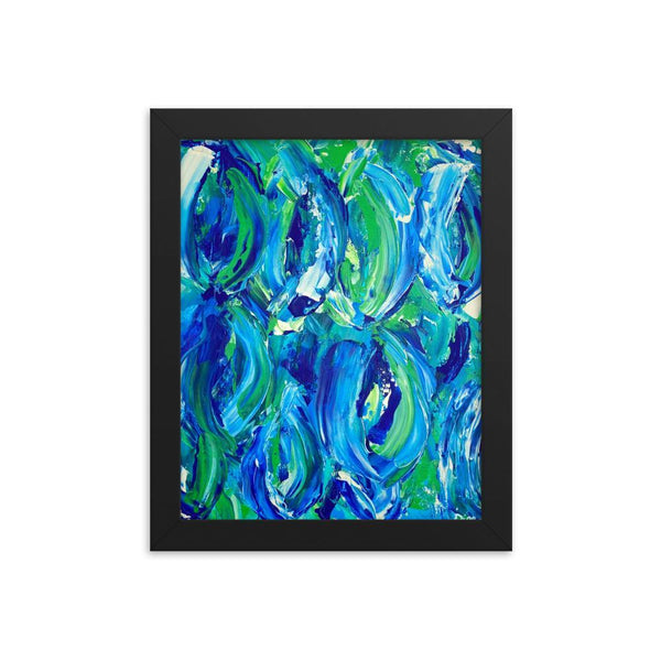 Abstract feminist framed art print in blue and green