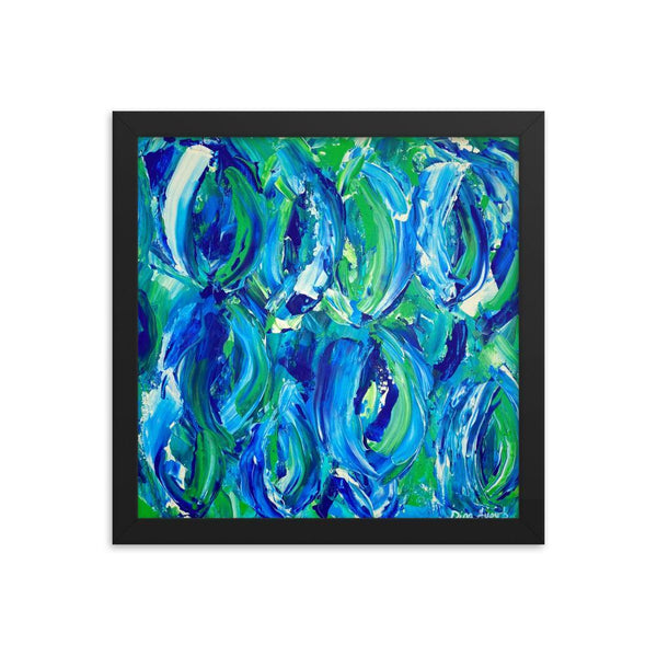 Abstract feminist framed art print in blue and green
