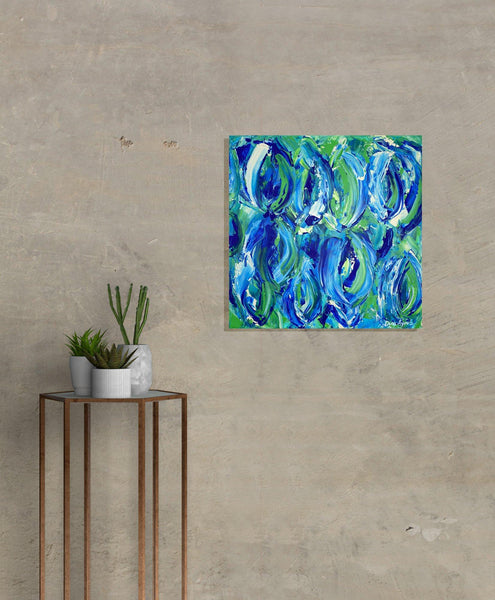 Abstract original acrylic painting in blue and green