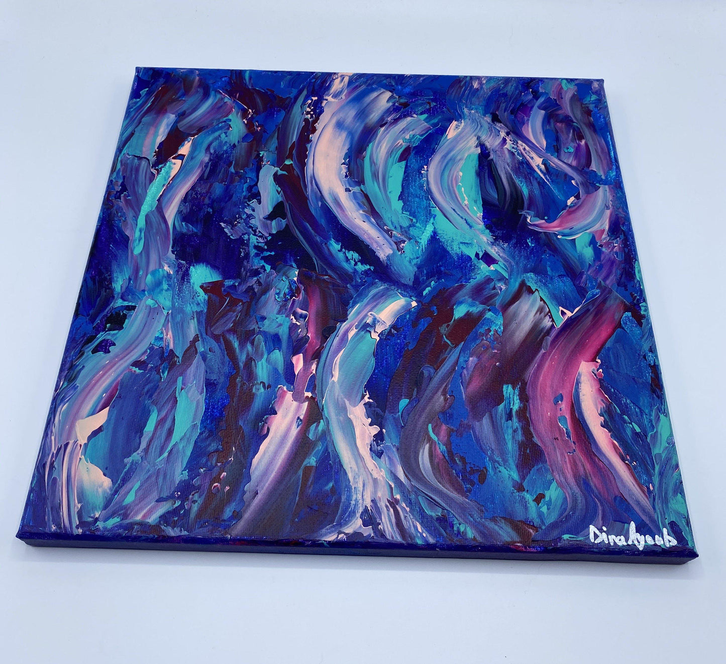 Abstract original acrylic painting in blues and purples