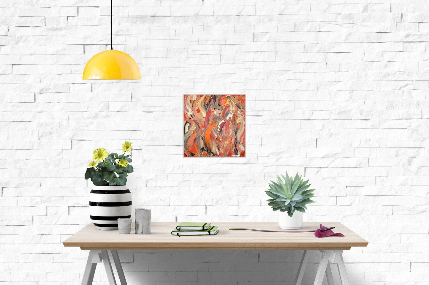 Abstract original acrylic painting in orange and red