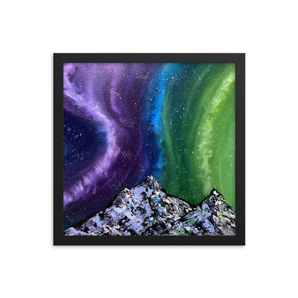 Aurora night sky and mountains framed art print