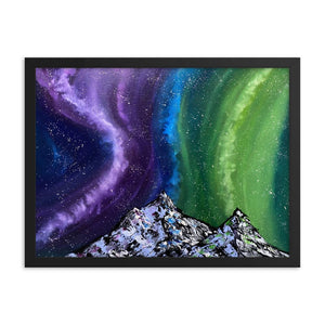 Aurora night sky and mountains framed art print