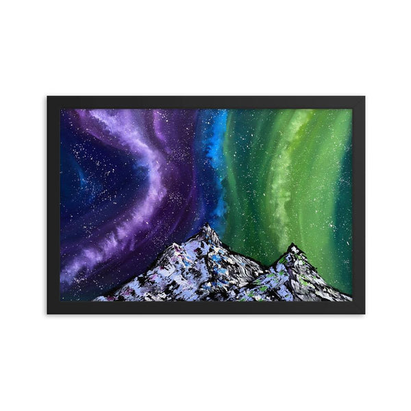 Aurora night sky and mountains framed art print