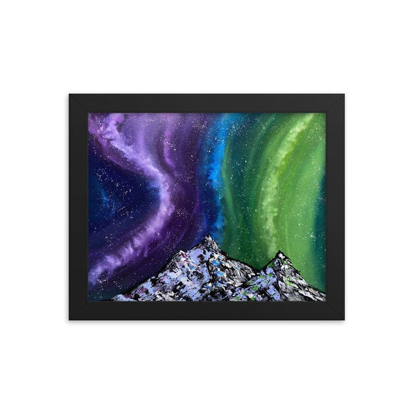 Aurora night sky and mountains framed art print