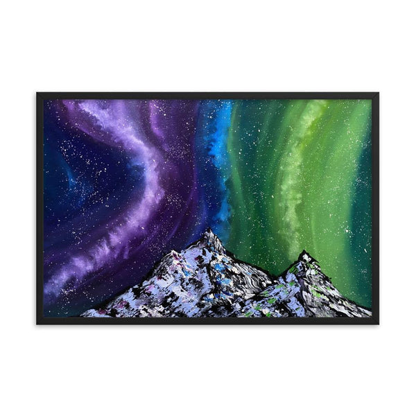 Aurora night sky and mountains framed art print