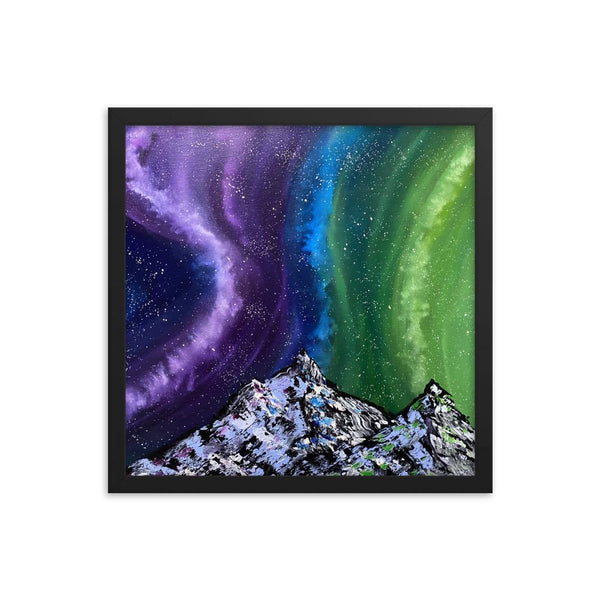 Aurora night sky and mountains framed art print