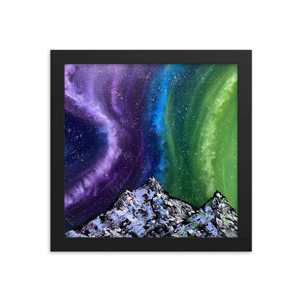 Aurora night sky and mountains framed art print