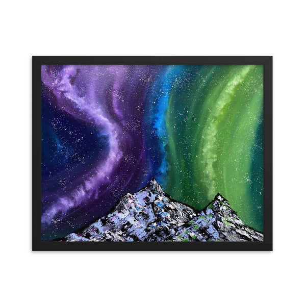 Aurora night sky and mountains framed art print