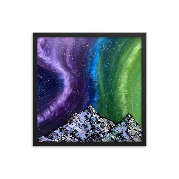 Aurora night sky and mountains framed art print