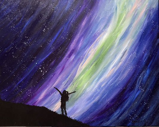 Aurora night sky original acrylic painting, feminist art