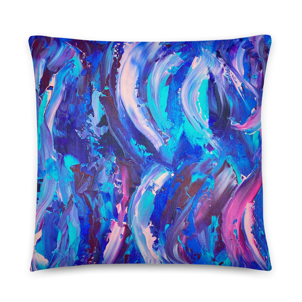 Decorative throw pillow with blue, purple and pink ribbons