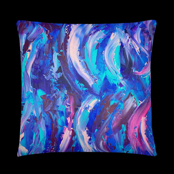 Decorative throw pillow with blue, purple and pink ribbons