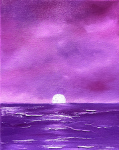 Fantasy seascape art at sunset in pink and purple