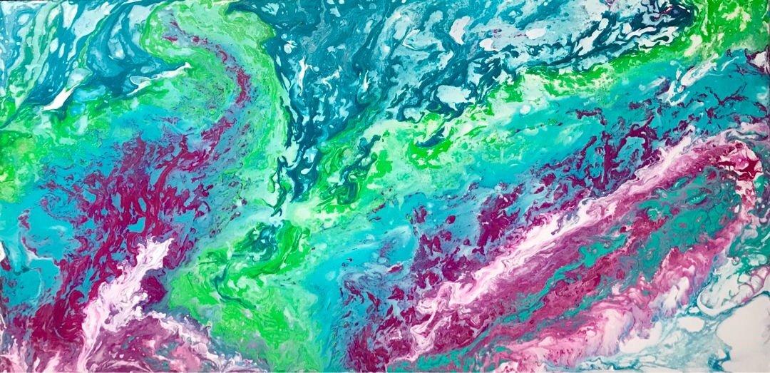 “Optimism,” Large Fluid Art Acrylic Painting in Pink, Turquoise and White, Original Abstract Art
