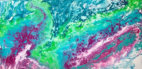 “Optimism,” Large Fluid Art Acrylic Painting in Pink, Turquoise and White, Original Abstract Art