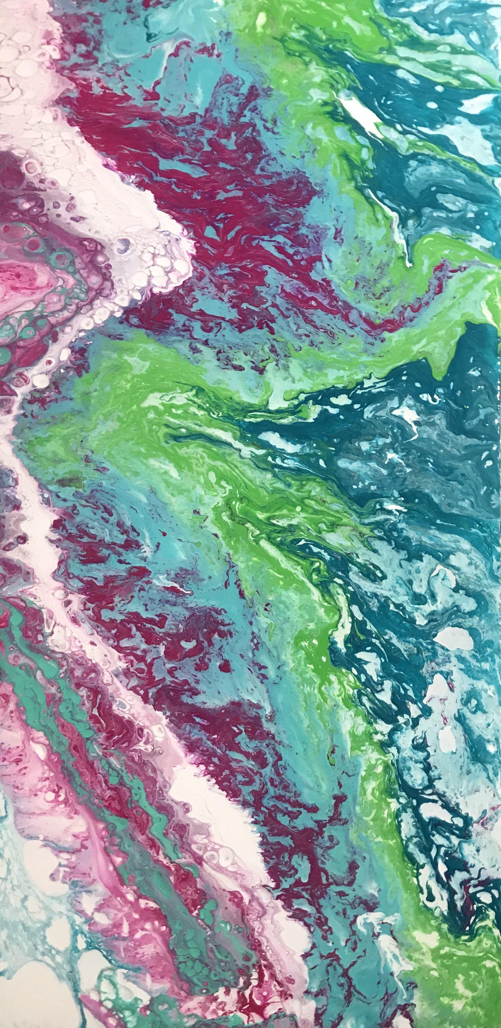 ORIGINAL Fluid Acrylic Pour Painting, Pink and Green Abstract