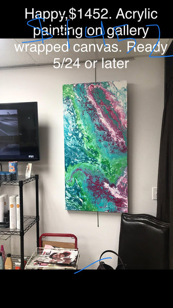 “Optimism,” Large Fluid Art Acrylic Painting in Pink, Turquoise and White, Original Abstract Art