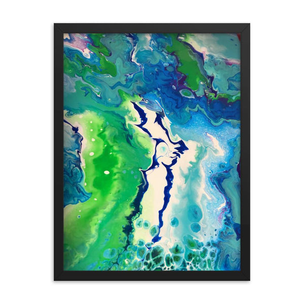 Fluid Art Framed Print Poster, Abstract Art Home Decor Wall Decor in Green,Blue and White